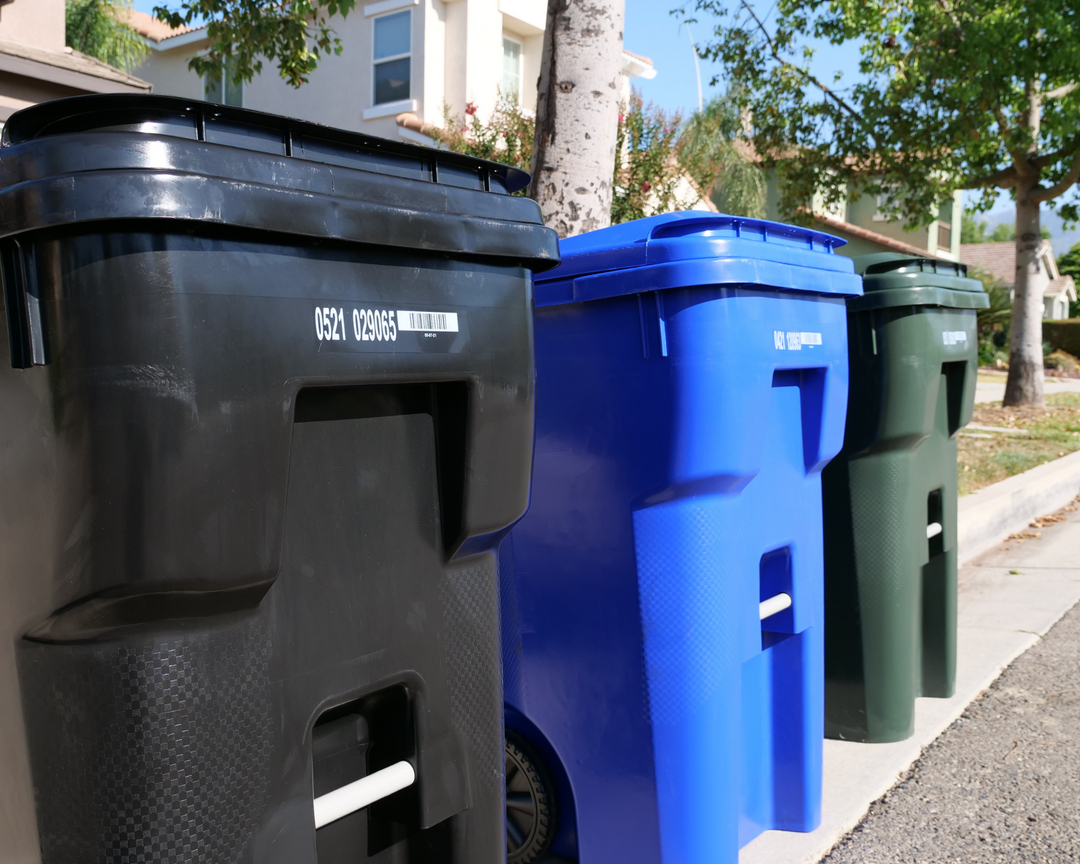 Blue, Green, Black Recycling Bins - Burrtec
